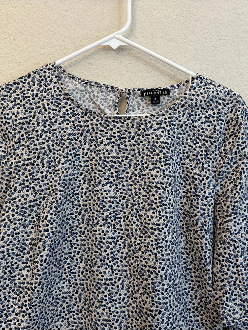 J. Crew Blue and White Ditsy floral Tiered Bell Sleeve Blouse Sz 8